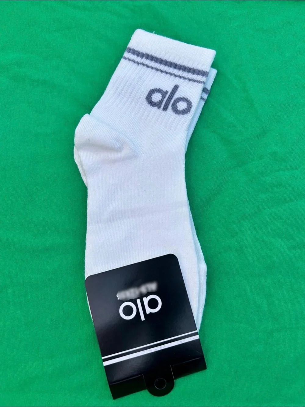 ALO Yoga White Crew Socks with Gray Logo and Stripes